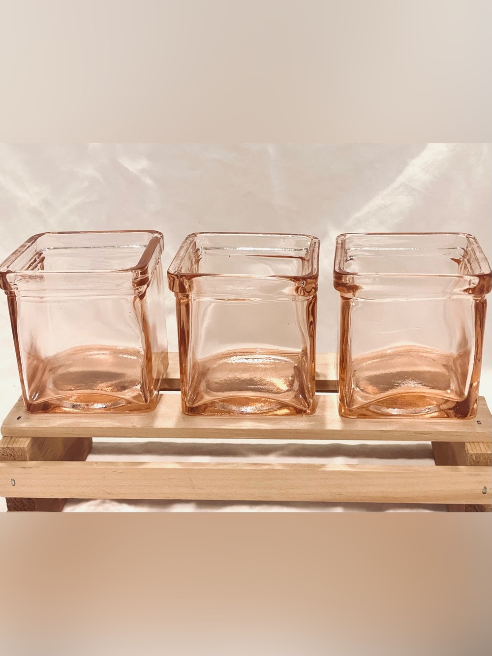 Set (3) Antique Pink Depression Glass 3x3” Square Votive Candle Holders | EUC